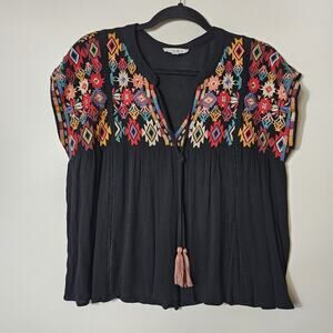 THML Boho Embroidered Top Tassel Front Tie Size XS